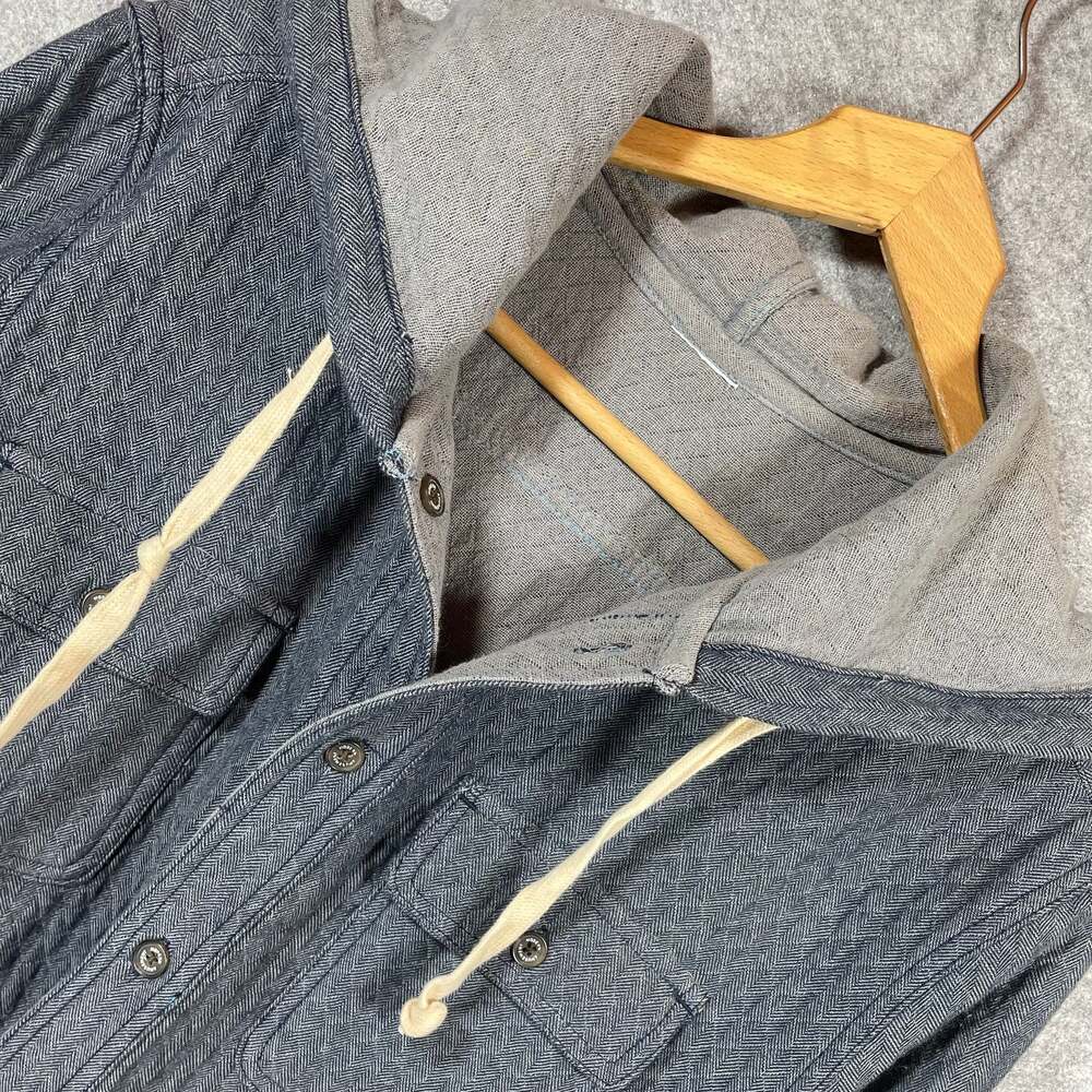 Modern Amusement Mens Herringbone Button Up Shirt Jacket with Attached Hood